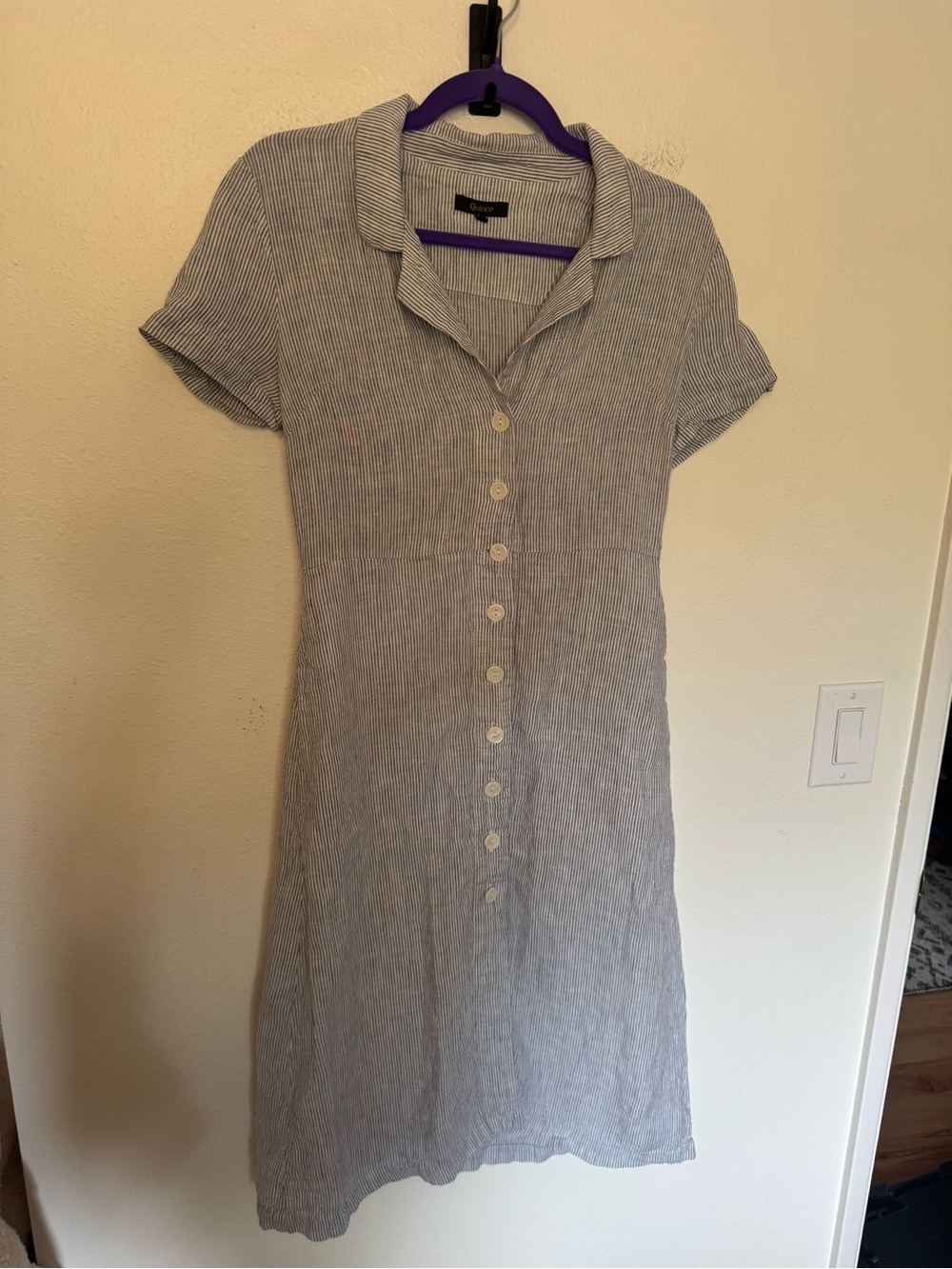 Quince 100% European Linen Button Front Dress Blue White Stripe XS EUC (No Belt) - Picture 2 of 6